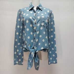Seven7 Button Down Shirt Women's Small Blue White Polka Dot Tie Front Denim